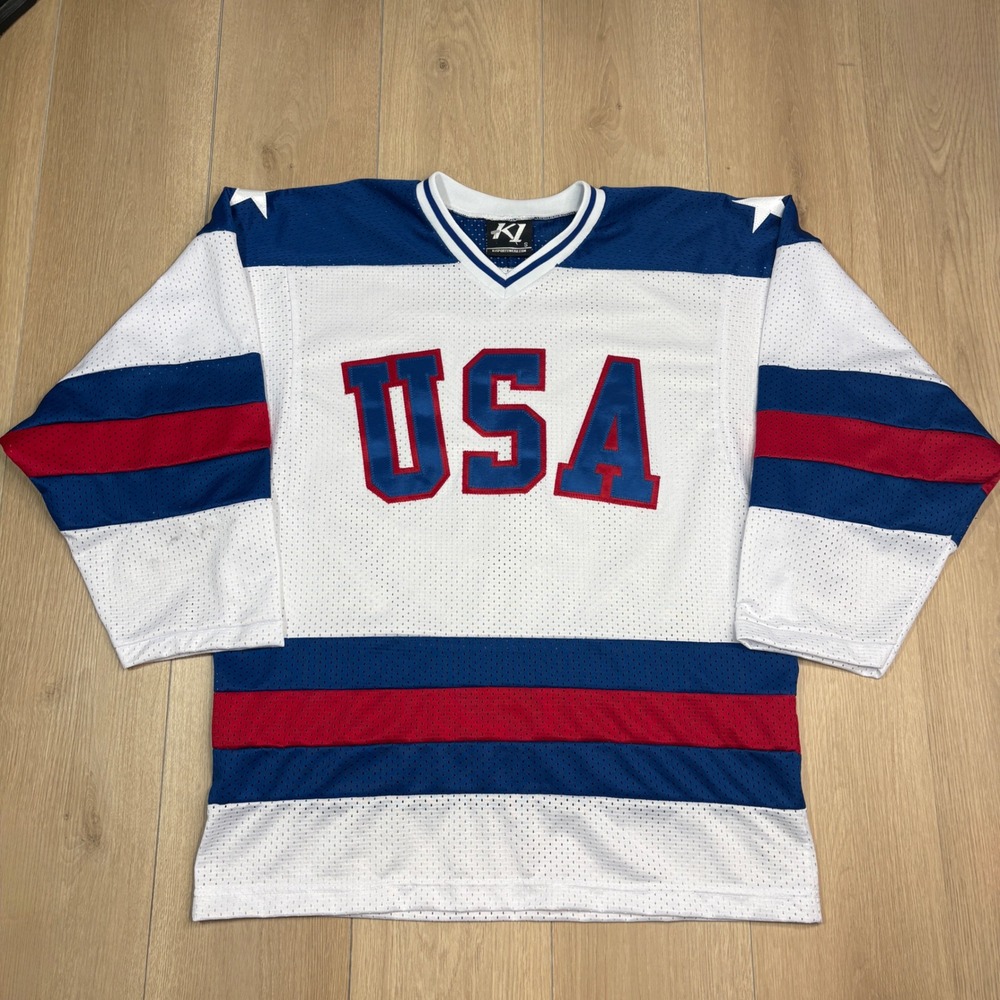 K1 Sportswear USA Hockey 1980 Embroidered Jersey Mens Small White Blue Red Mesh